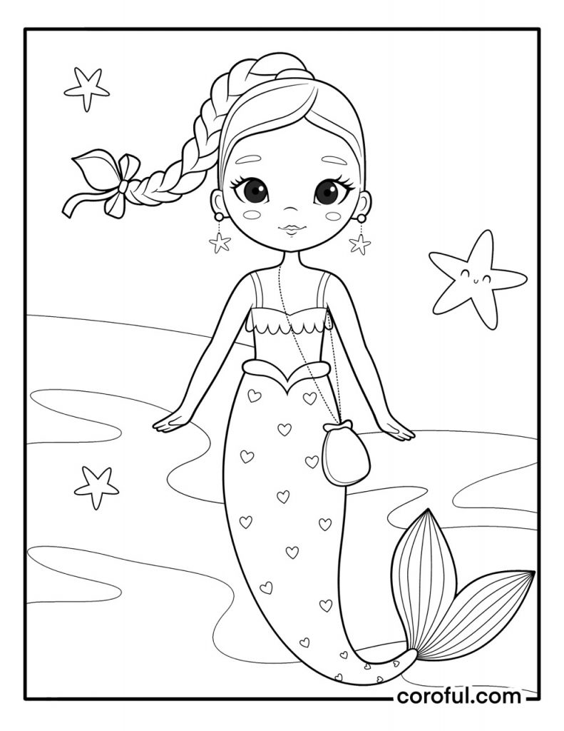 Pretty mermaid with braided hair coloring page