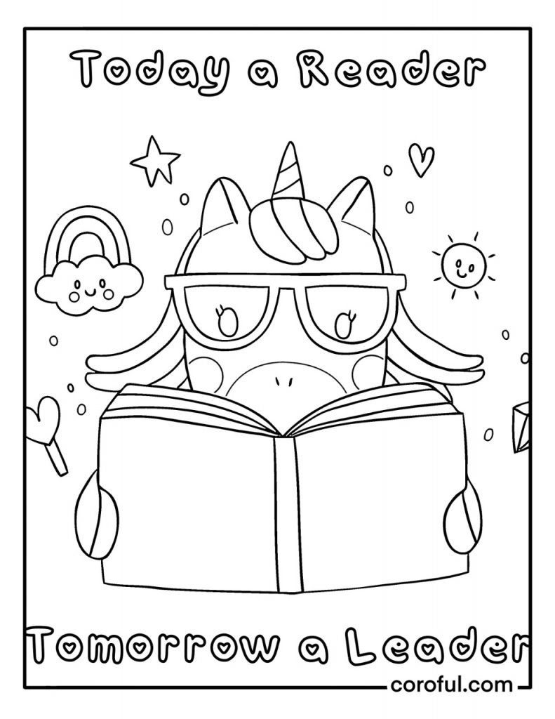 Unicorn reading a book coloring page