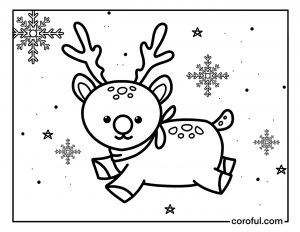 Reindeer jumping with snowflakes coloring page