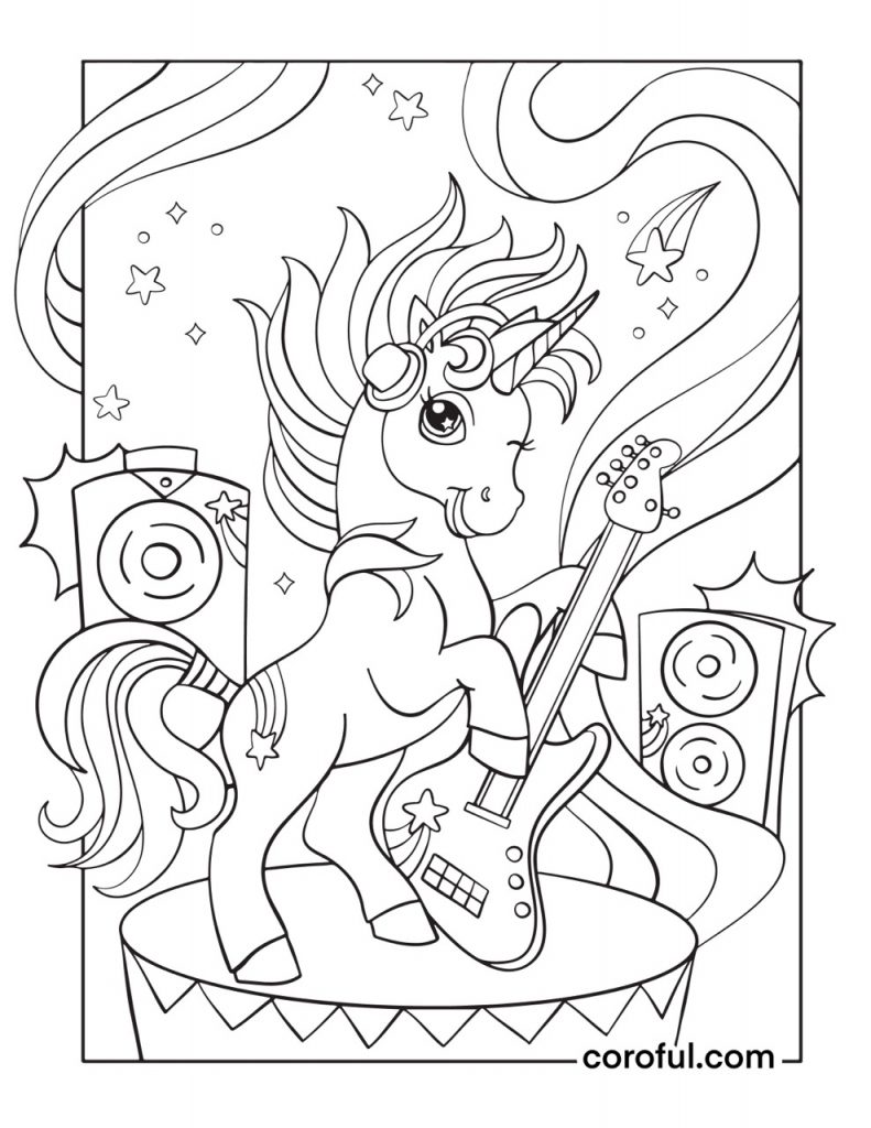 Rockstar unicorn with guitar coloring page