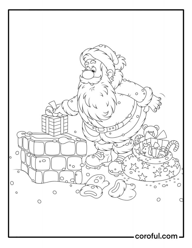 Santa Claus dropping presents in the chimney coloring page