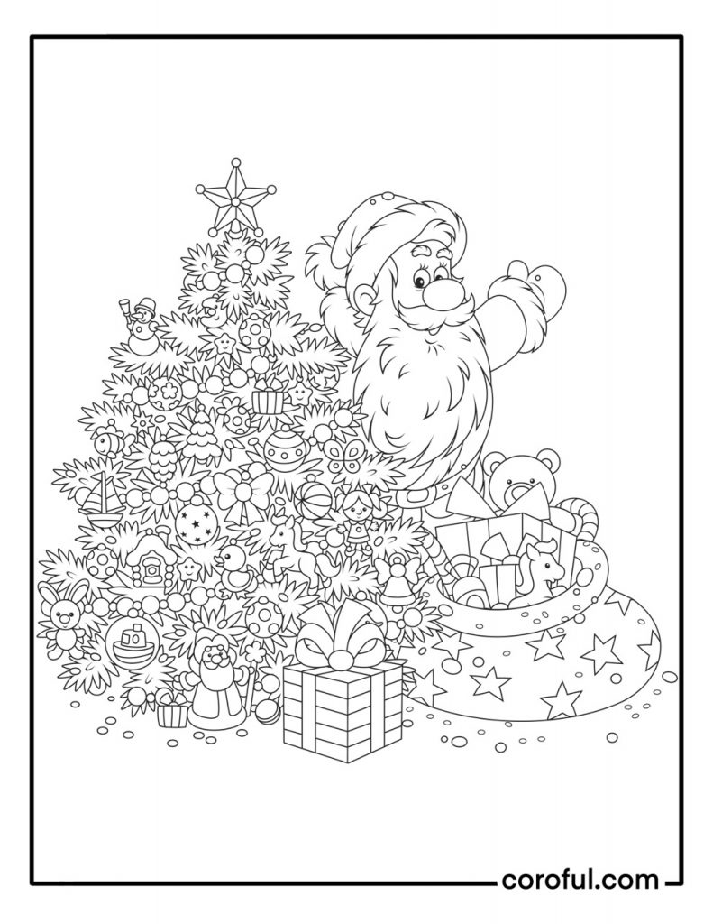 Santa Claus putting presents under the Christmas tree coloring page