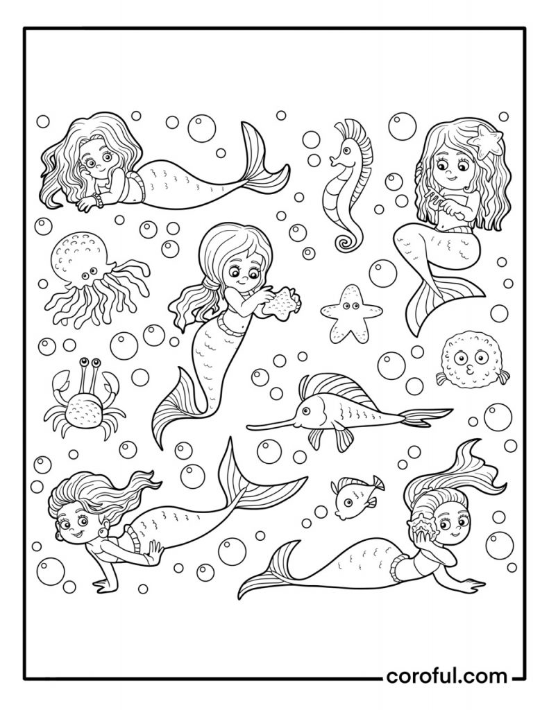 Group of mermaid friends coloring page