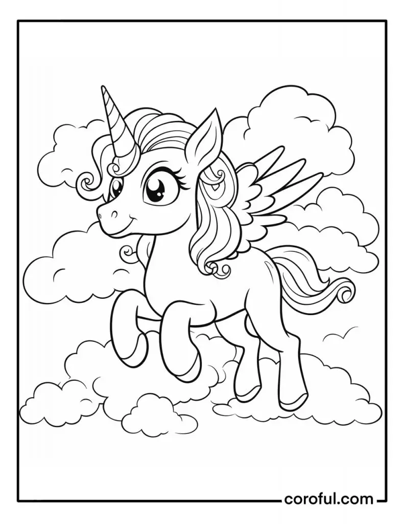 Simple unicorn on a cloud coloring page