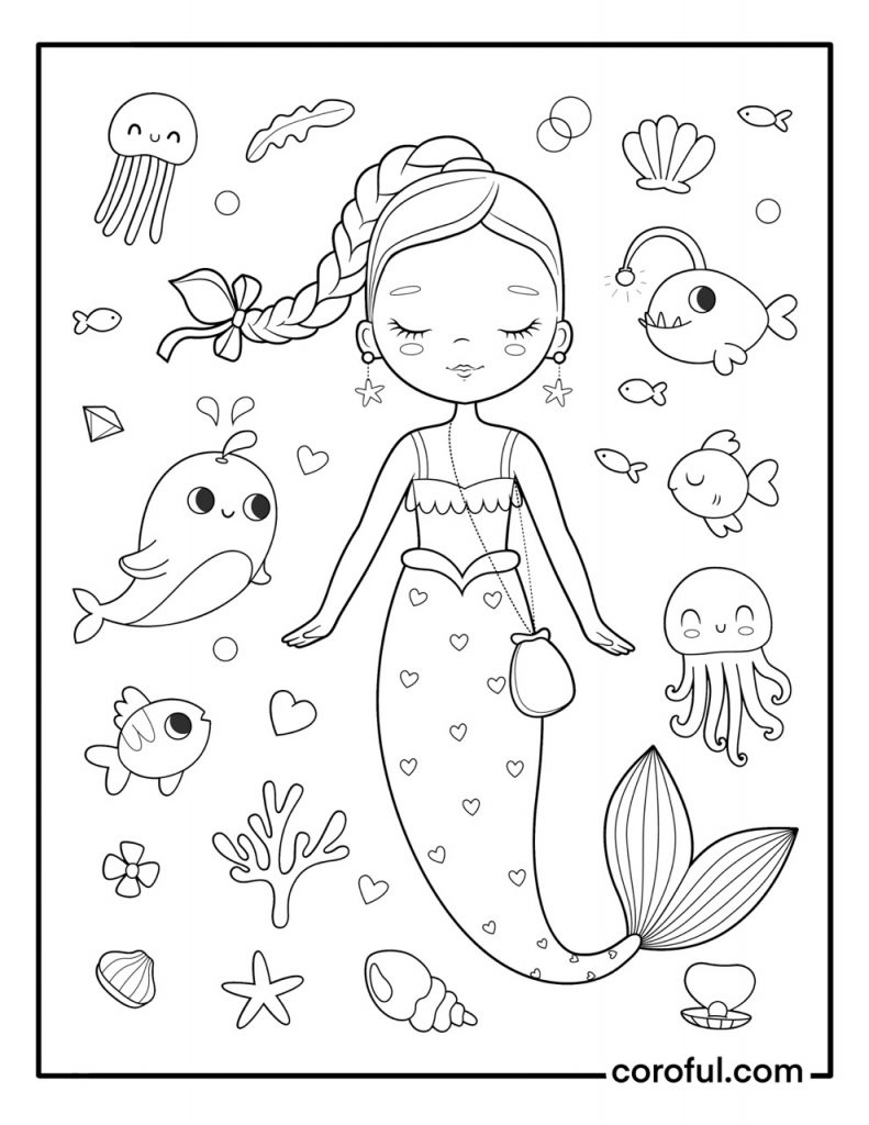 Sleeping mermaid with sea creatures coloring page