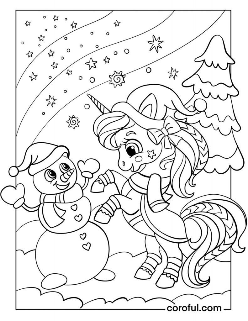 Snowman and unicorn coloring page