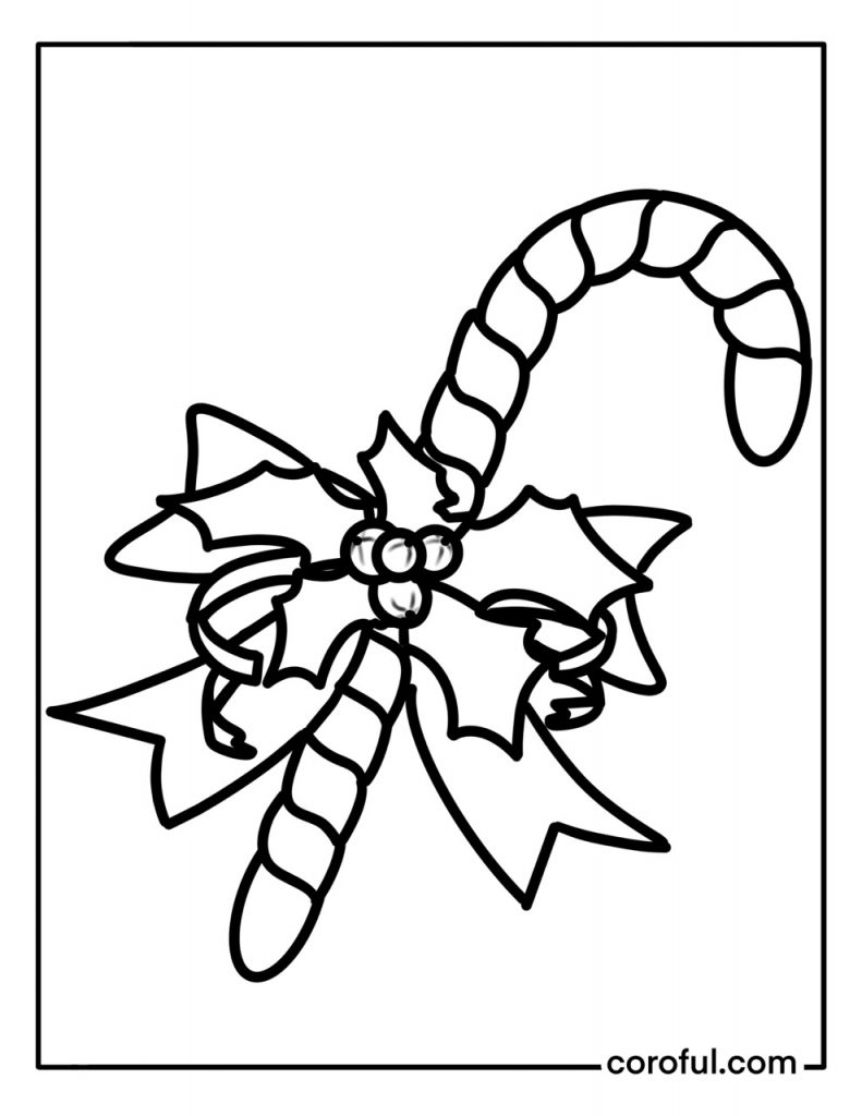 Thin Christmas candy cane with ribbon and poinsettia coloring page