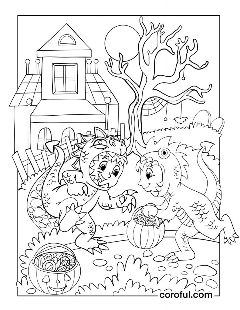 Trick or treat dinosaur costume coloring page