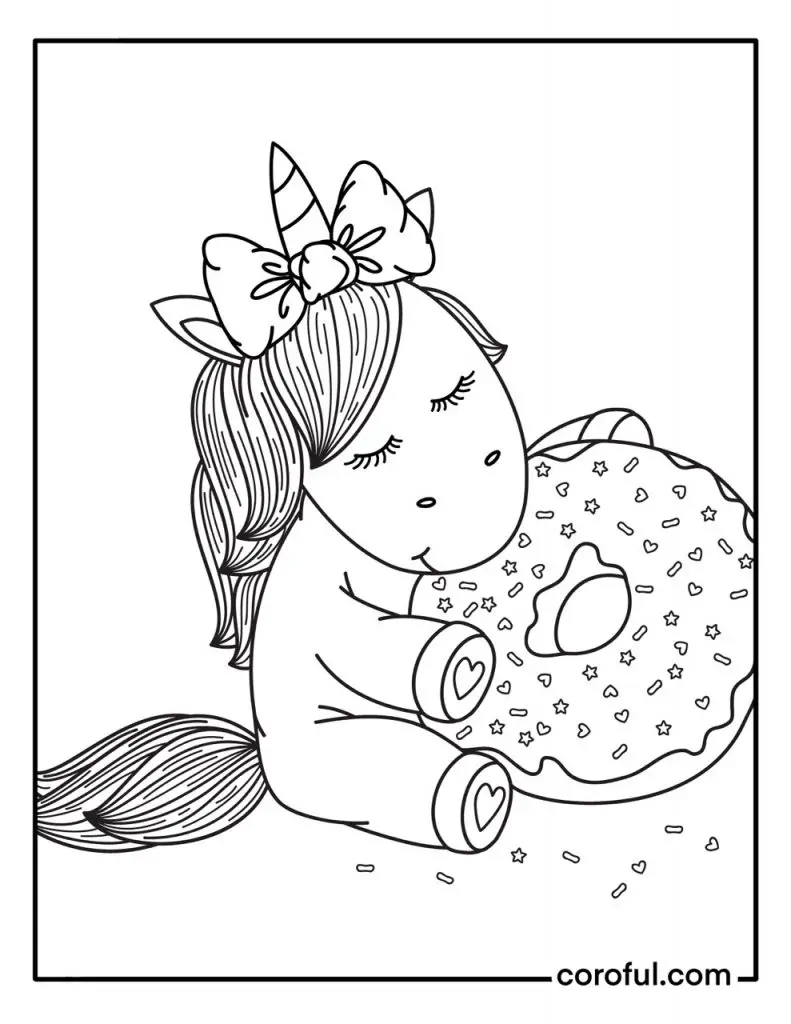 Unicorn eating donuts coloring page