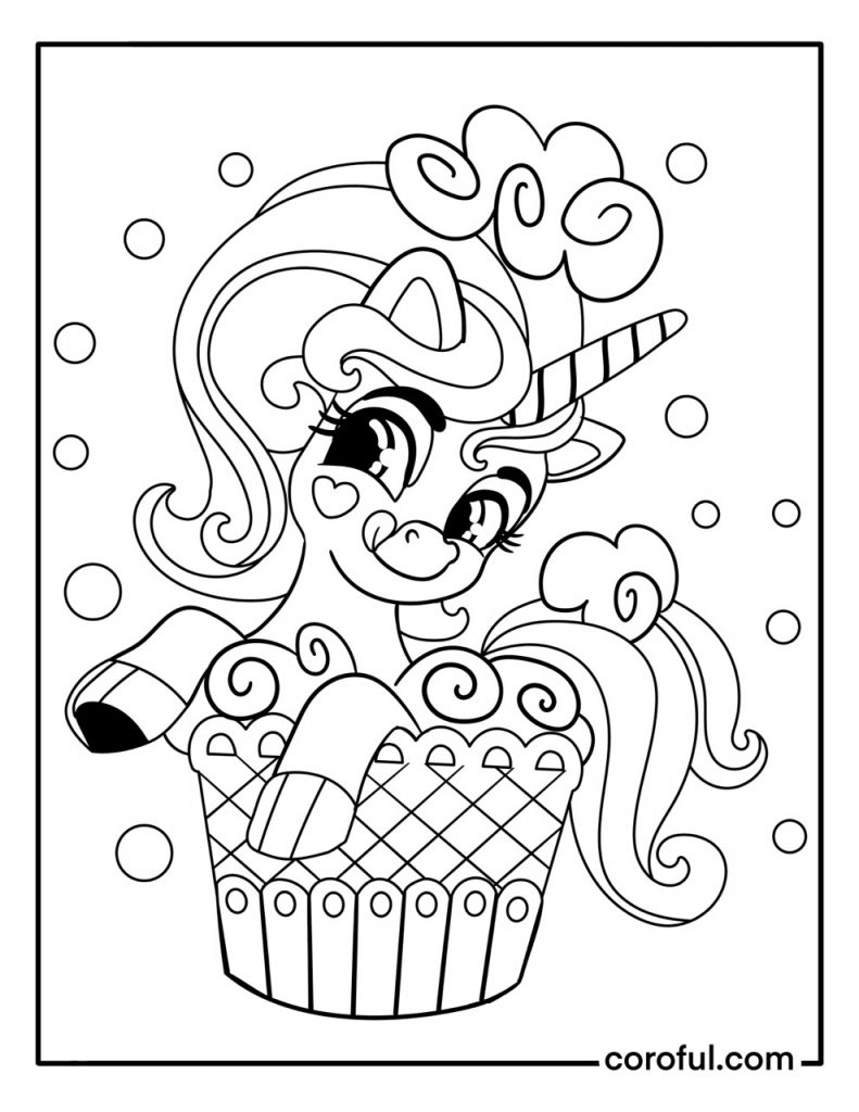 Unicorn in a cupcake coloring page