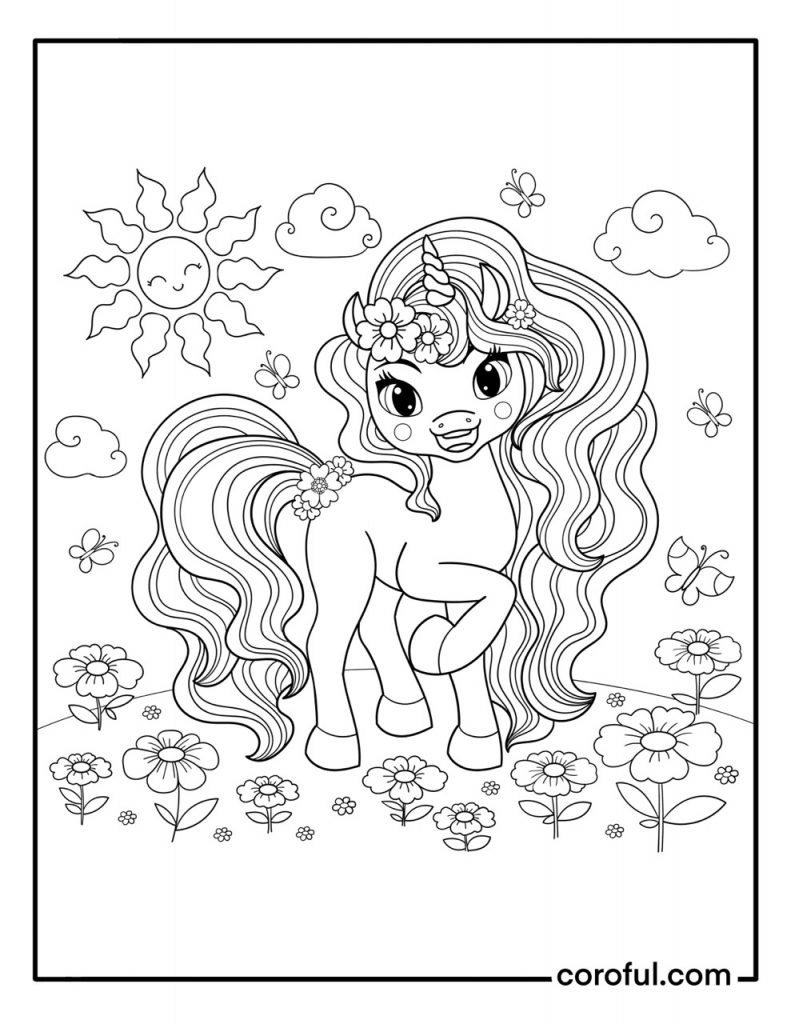 Unicorn on a flower field coloring page