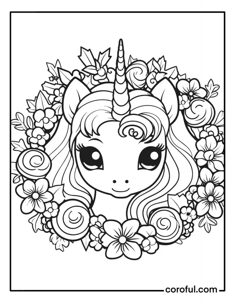 Unicorn portrait in a wreath coloring page