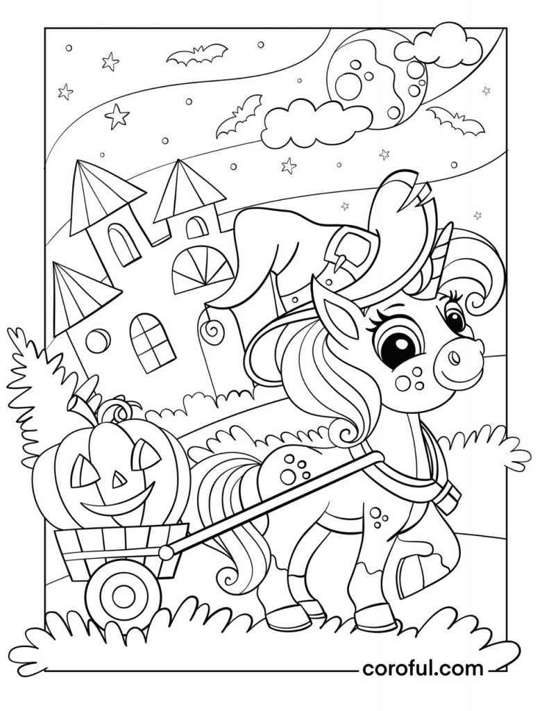 Unicorn pulling a pumpkin cart for the halloween coloring page