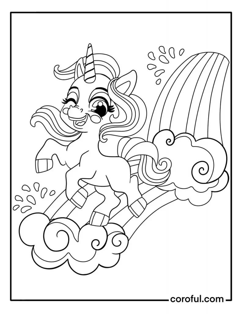 Unicorn sliding on a rainbow coloring page