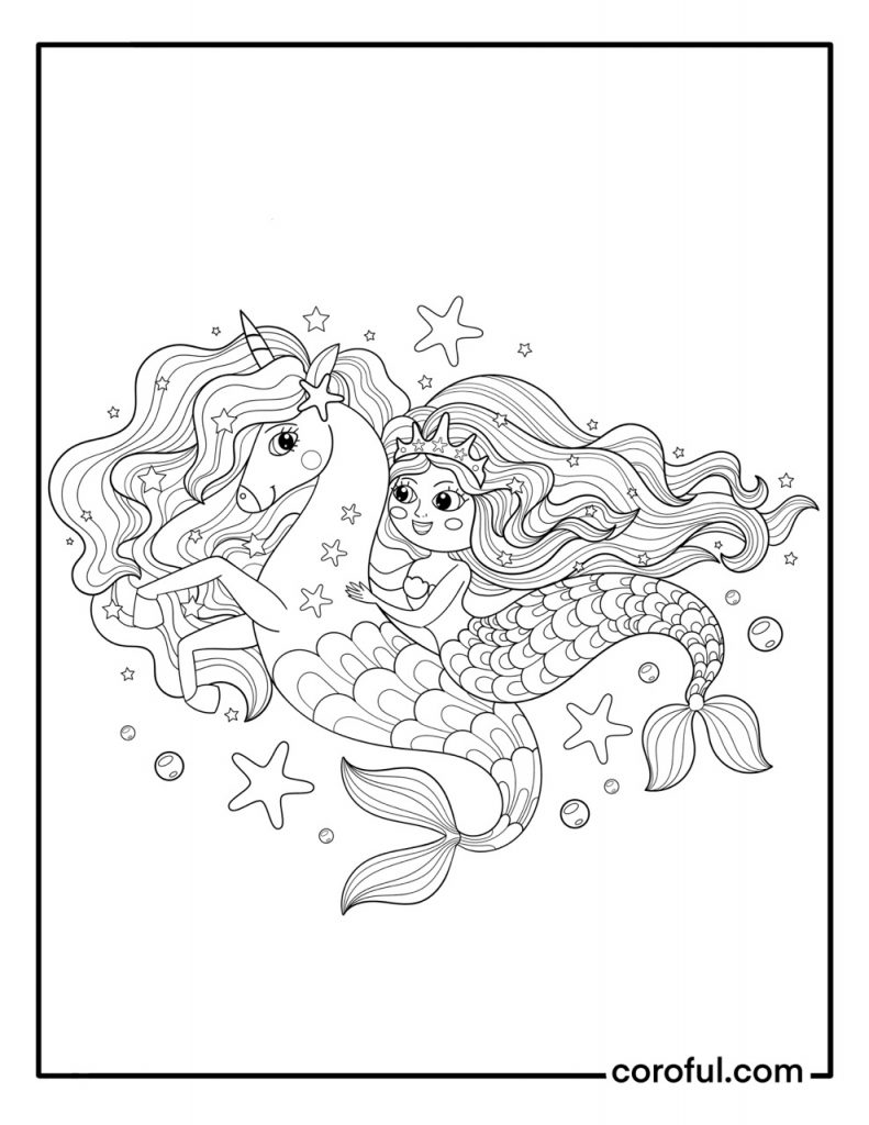 Unicorn with mermaid and stars coloring page