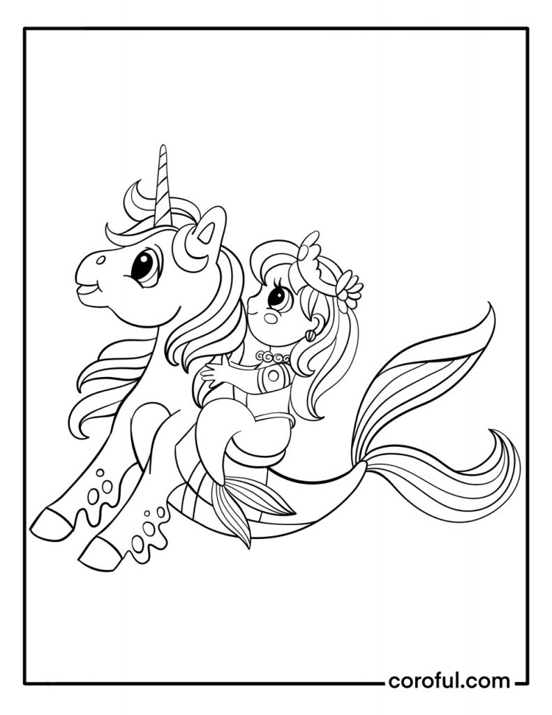 Unicorn has a riding mermaid side view coloring page