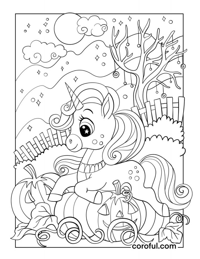 Unicorn with pumpkin lanterns coloring page