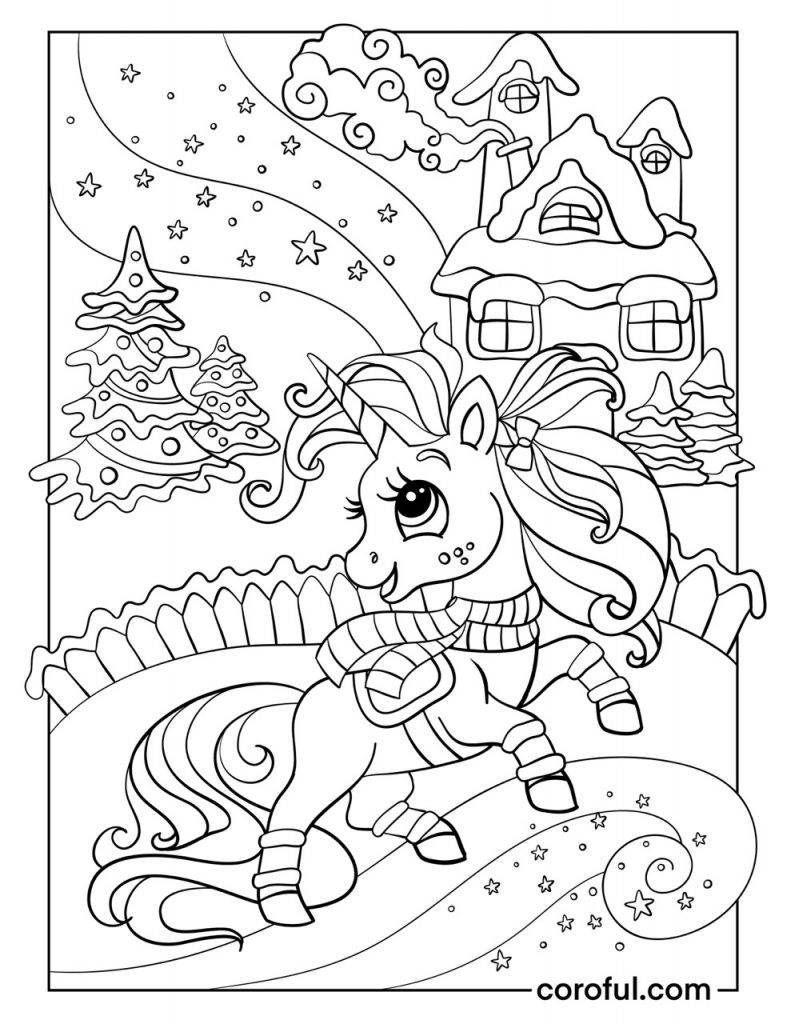 Winter unicorn in a village coloring page