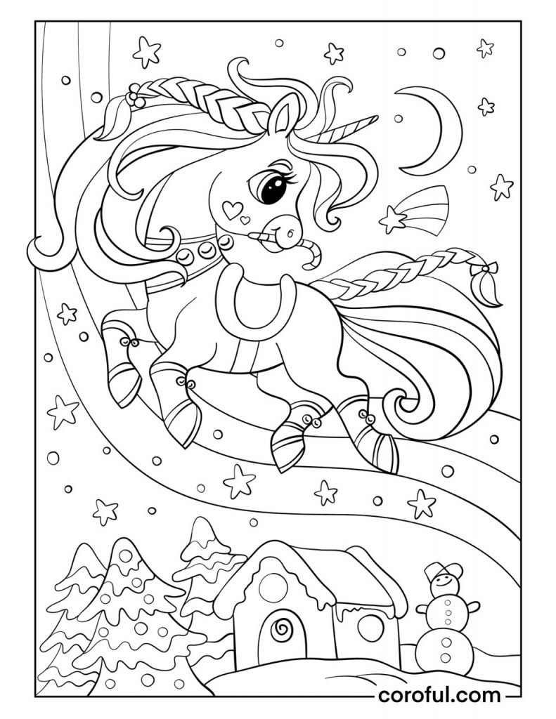 Winter unicorn flying coloring page