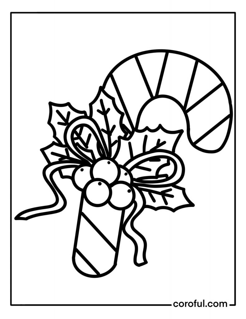 Christmas candy cane with ribbon and poinsettia coloring page