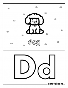 Alphabet with drawing D coloring page