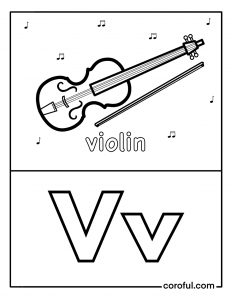 Alphabet with drawing V coloring page