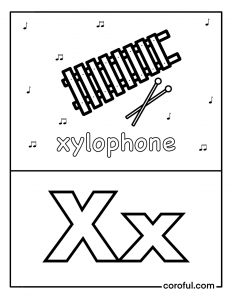 Alphabet with drawing X coloring page